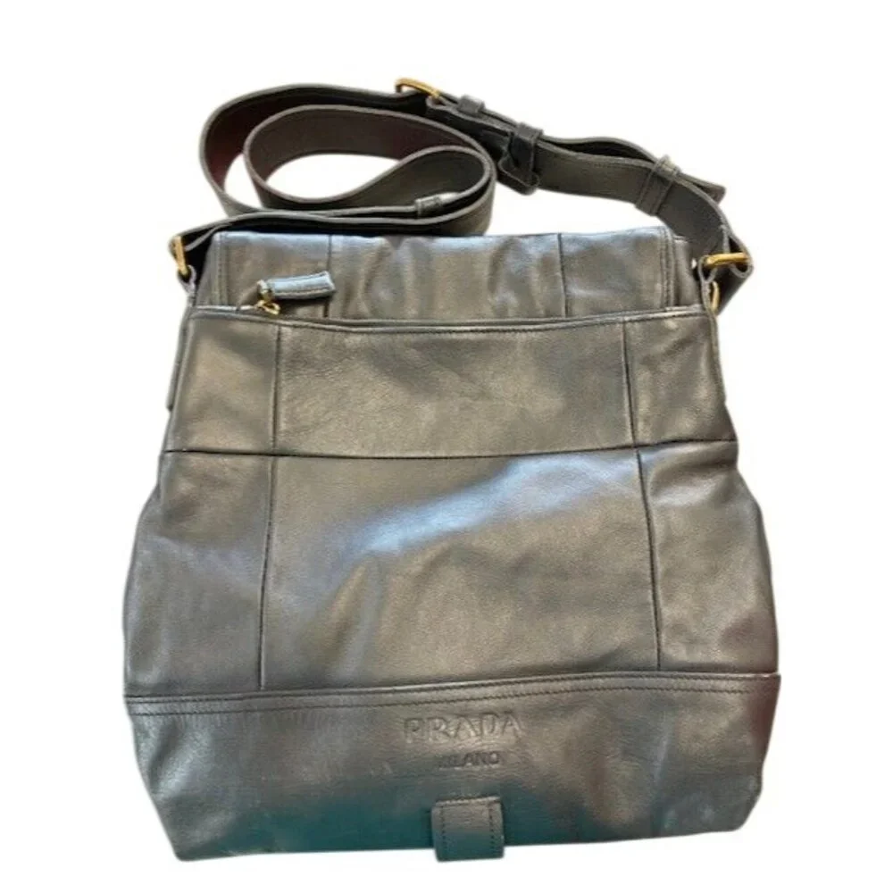 Prada Black Leather Gold Buckle‎ Flap Messenger Bag